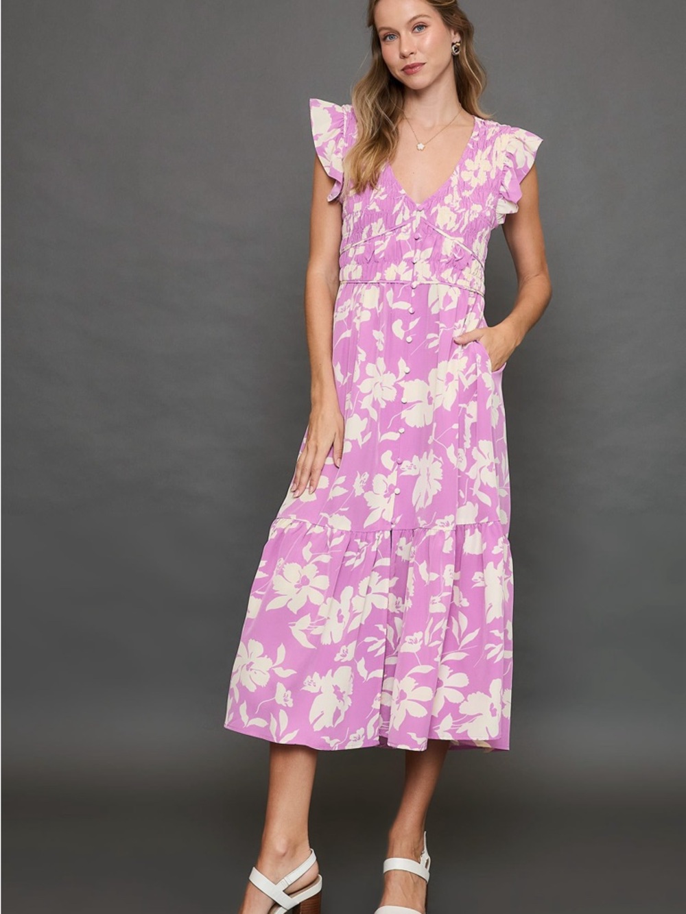 Umgee Lavender Pink Floral Midi Dress
